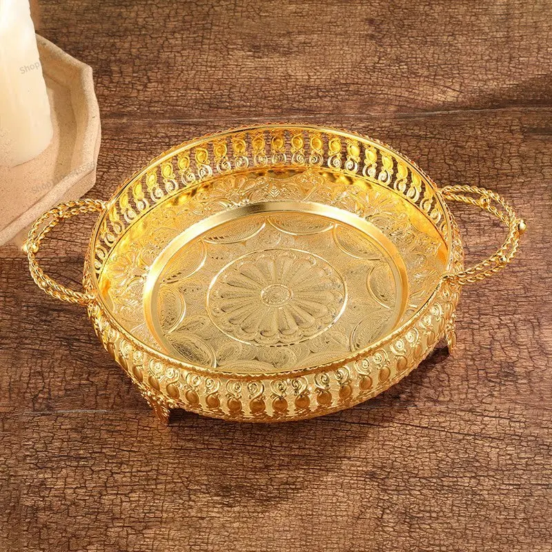 For gold high-grade hollow fruit plate, binaural handle portable fruit basket, fruit tray alloy handicraft