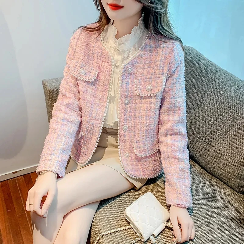 Spring Autumn Women\'s Woolen Coat Pink Small Fragrant Wind Coat Nailed Bead Short Jacket Tweed Coat Ladies Tops Female Outerwear