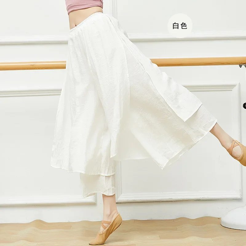 Chiński taniec ludowy Klasyczne spodnie do tańca Kobiety Luźne spodnie z szerokimi nogawkami 2 warstwy Fairy Body Rhyme Dancewear Side Split Plus Size