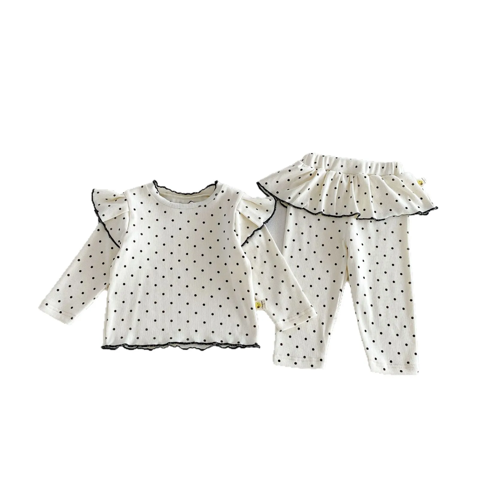 2026 Autumn New Baby Long Sleeve Clothes Set Girls Polka Dot Bottoming Shirts + Lace Leggings 2pcs Suit Toddler Cotton Outfits 6
