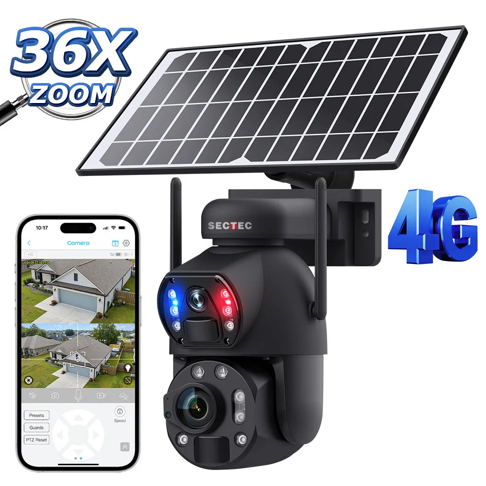 

36X PTZ Solar Camera Black Full Metal Outdoor Dual Lens 6MP Optical Zoom Laser IR100M CCTV Security Waterproof Mini Solar PTZ