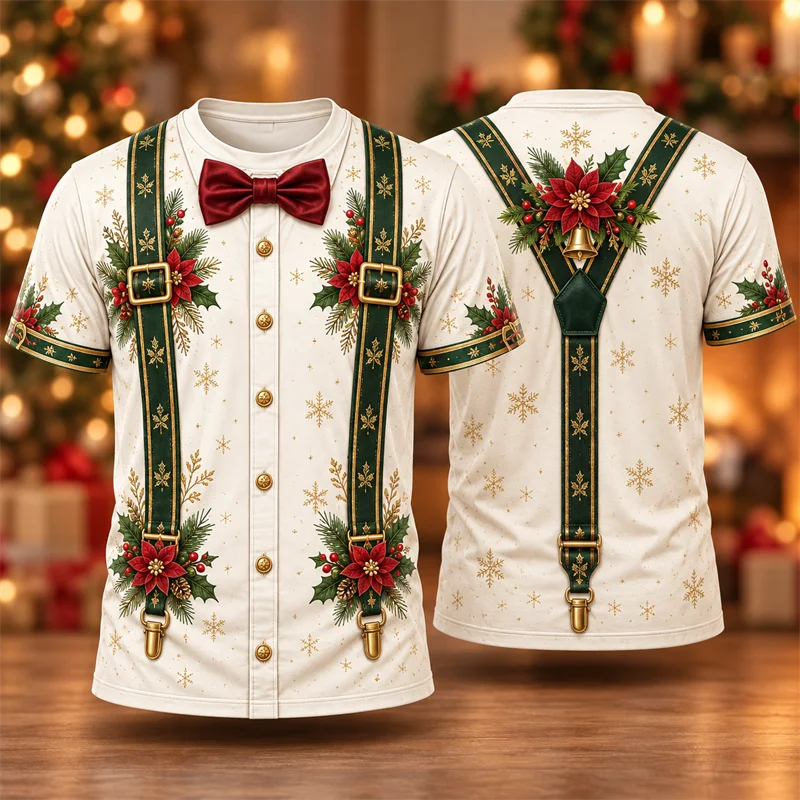Christmas Bow Tie Suspenders Print T Shirt for Men Short Sleeve Crew Neck Faux Dress Shirt Holiday Party Tee with Holly Detail
