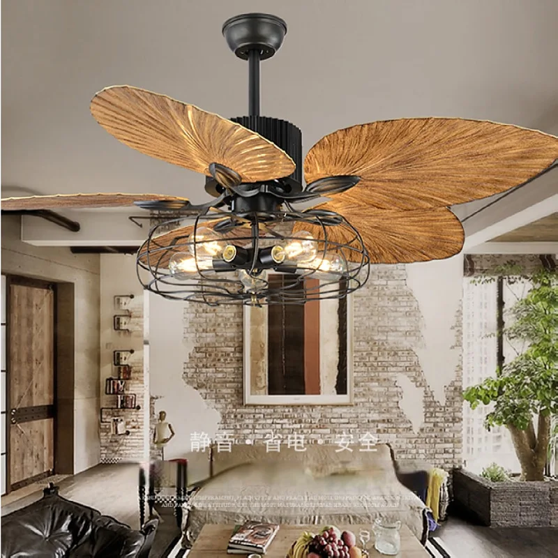 48inch Ropical Ceiling Fan Five Palm Leaf Blades Damp Rated Bronze Industrial Ceiling Fan With Light Remote Control