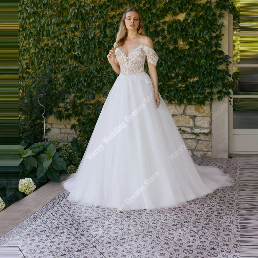 

Beautiful A Line Women's Wedding Dresses Off The Shoulder Lace Appliques Bride Gowns Mopping Length Vestido De Novias Customized