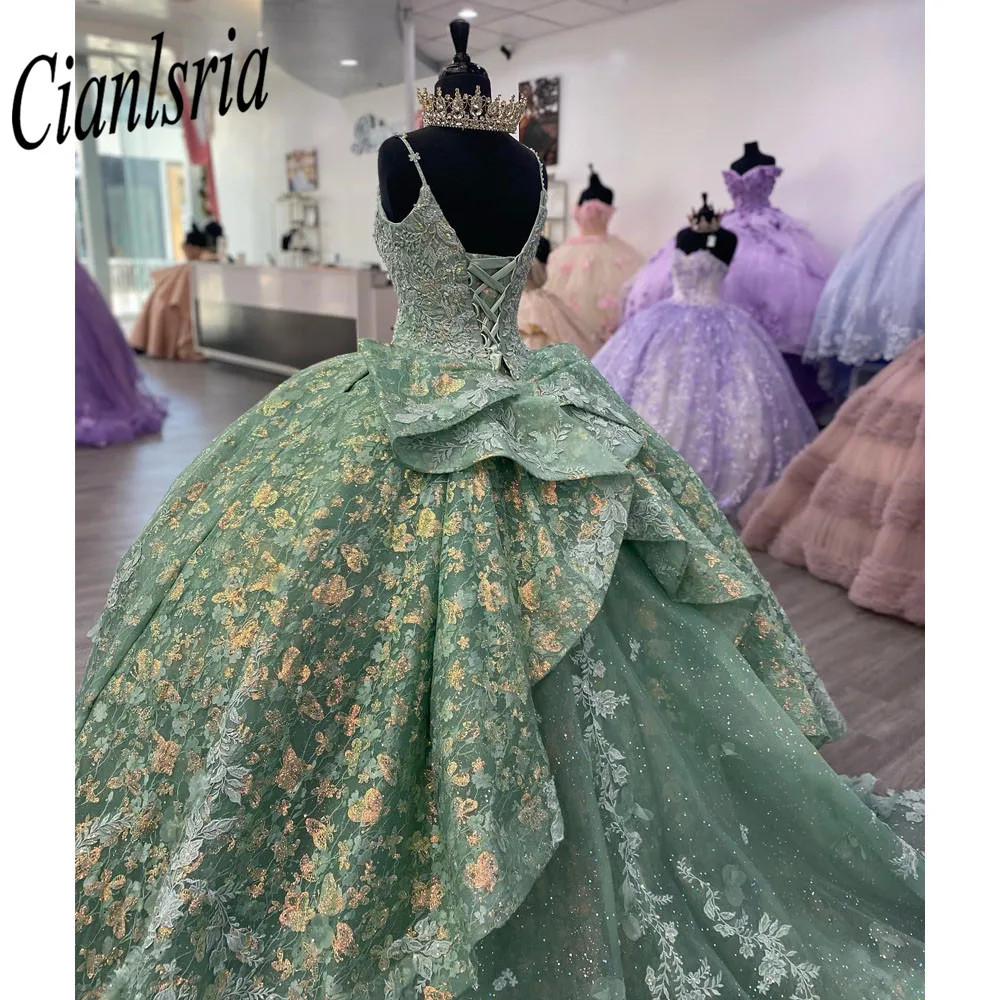 Mint Green Quinceanera Dresses 2023 Princess Prom Gown Tulle Lace Up Appliques Sweet 15 16 Dress Elegant Ball Gown