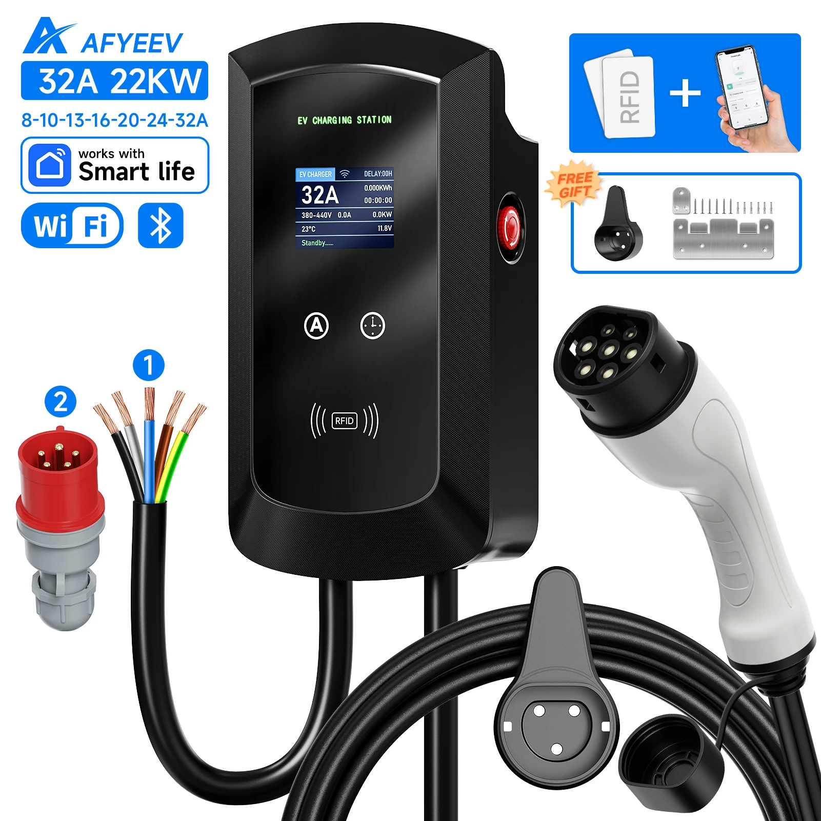 AFYEEV 32A EV Charging Station 22KW 3Phase Electric Vehicle Car Charger 11KW Type2 IEC62196-2 EVSE Wallbox APP Control 5m Cable