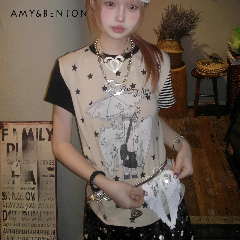 

2025 Summer New Y2K Subculture Short Women's T-Shirt Original Design Slimming Color Block Splicing Short Sleeve T-shirts Ladies