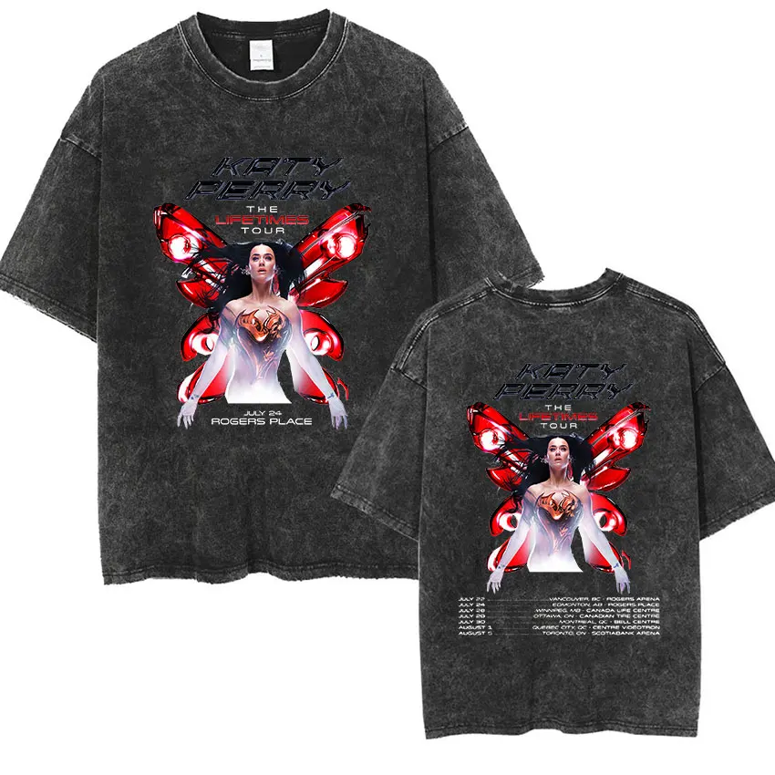 Singer Katy Perry The Lifetimes Tour 2025 New T Shirt Men Women Vintage Washed High Quality T-Shirt y2k Harajuku Clothing Tshirt