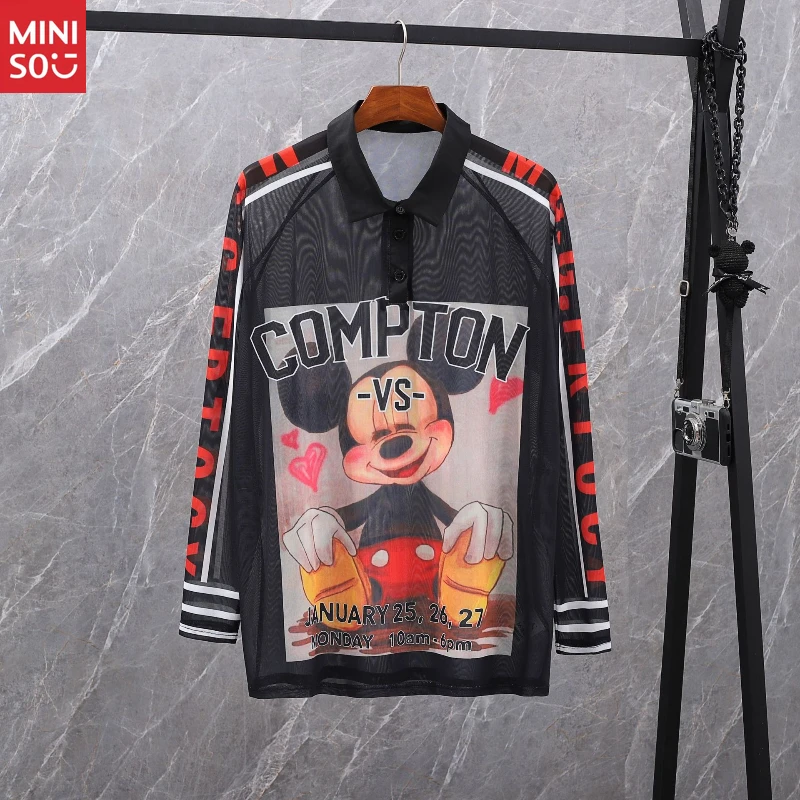 

Disney 2025 Streetwear Polo Shirt, Cartoon Print Mesh Top, Breathable Loose Fit Tee