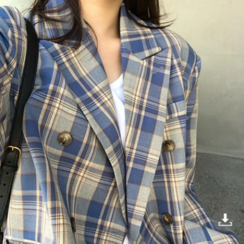 Spring and Autumn New Korean Loose Temperament Plaid Suit Coat Women's Medium Length Suit Top