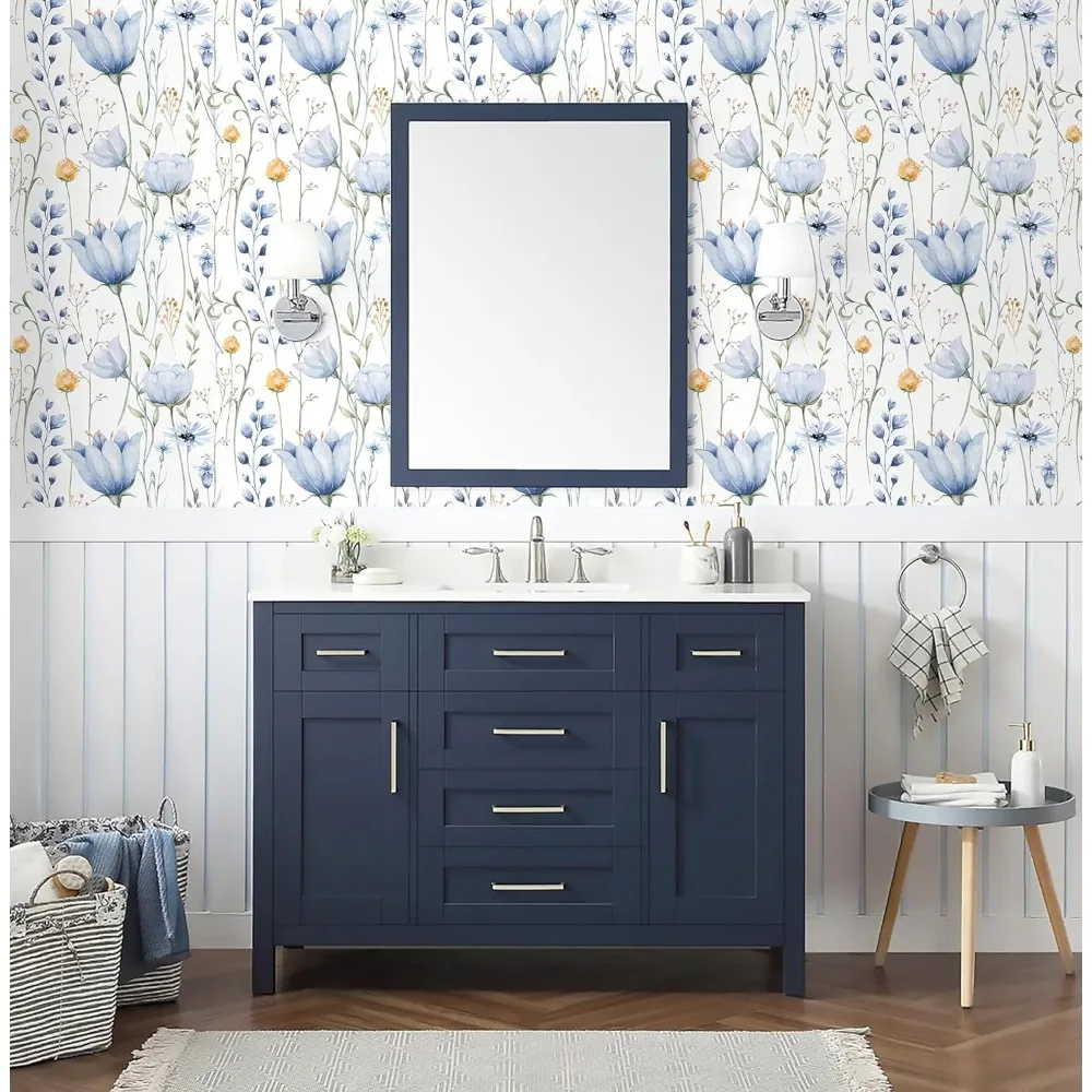 ورق جدران ذاتي اللصق مقاوم للماء قابل للإزالة بالزهور الزرقاء للأثاث، 16.1 × 787 بوصة، تطبيق سهل التقشير واللصق