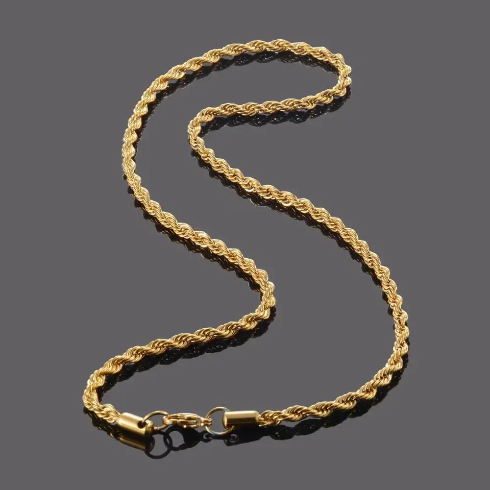 4MM 18k Real Gold Plated Stainless Steel Twist Rope Chain No Fade Necklace Jewelry for Men Women