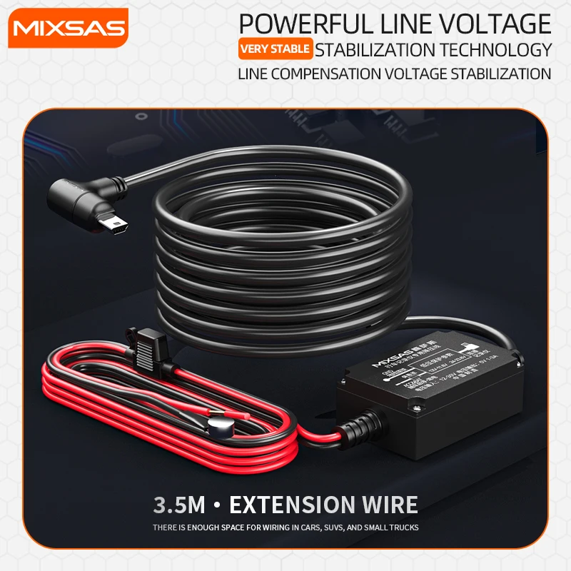 

MIXSAS 3.5M Auto Dash Cam Buck Line Recorder USB Car Step-Down Line Driving Charger Cable Kit 12-30V to 5V 1-3A Low Voltage