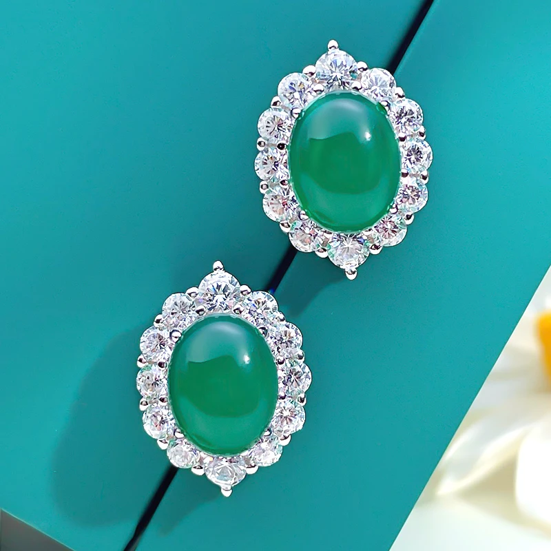 Fashionable Green Chalcedony 925 Pure Silver Ear Studs Inlaid with High Carbon Diamonds in A Medieval Style