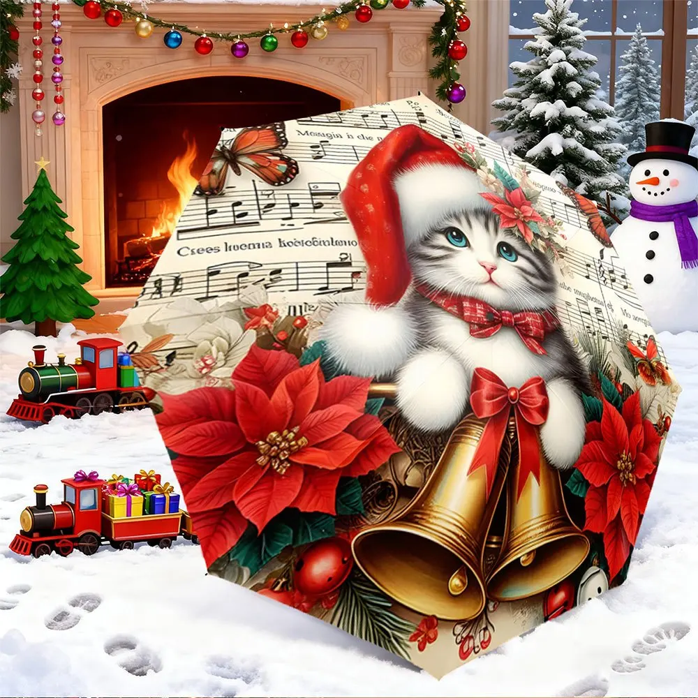 

Складной портативный зонт с дизайном «Кот и Рождество» (красный бант, пуансеттии, колокольчики) — компактный дорожный зонт с 8 спицами