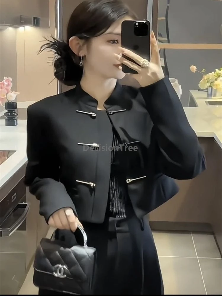 Retro chinese style buckle suit jacket women's spring autumn casual daily wear fashionable stand collar black long sleeve top