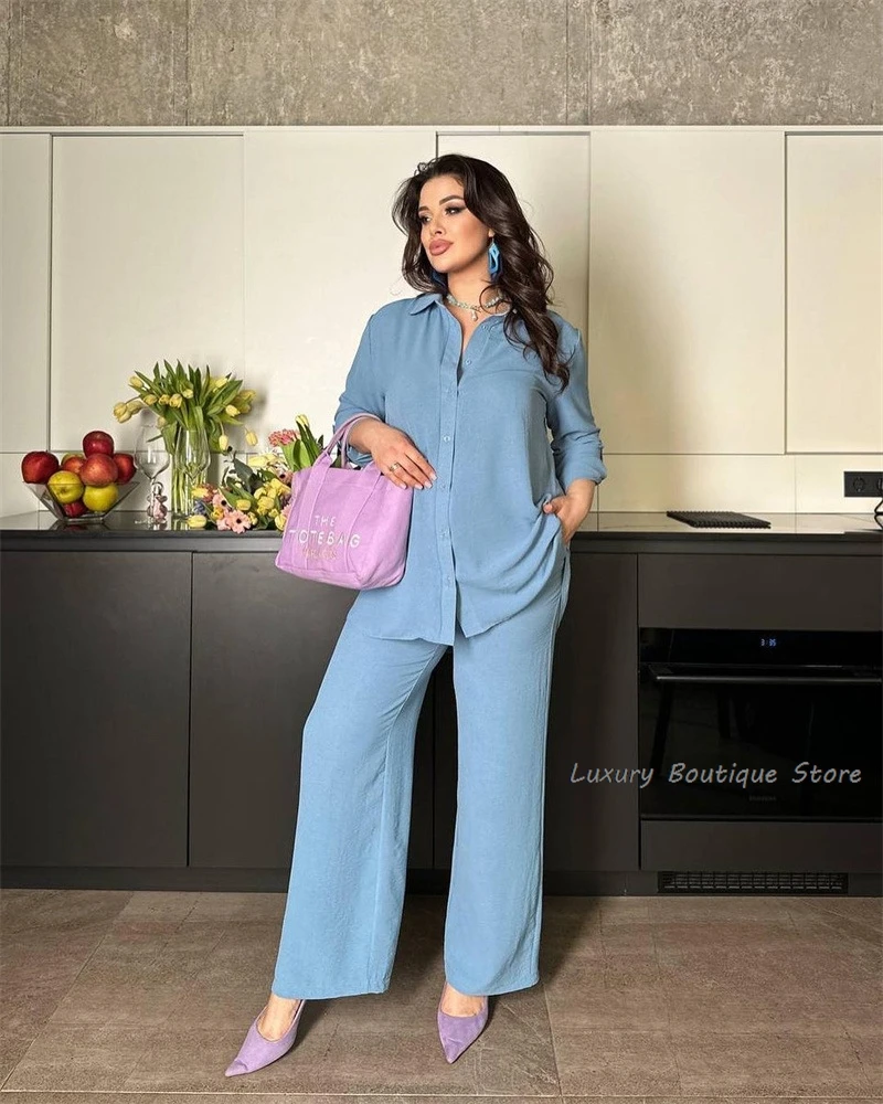 Solid Color All-match Long Sleeve Shirts And Wide Leg Pant Sets Chic Loose Blouse Trouser Spring Summer Fashion Women Outfits