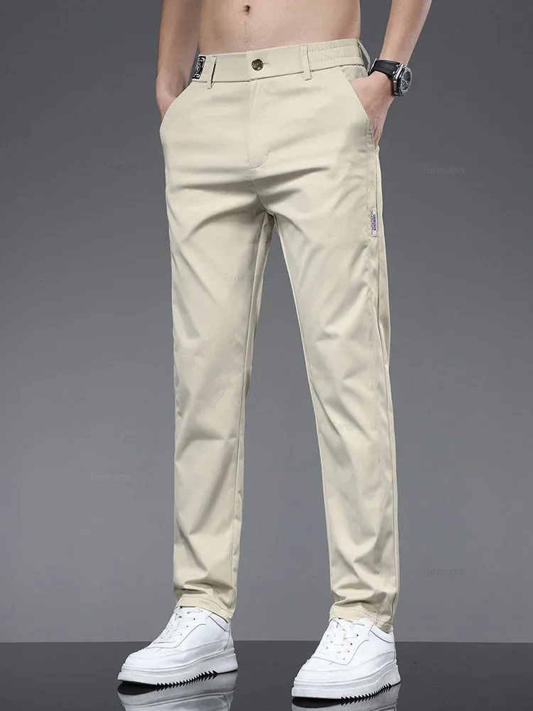 2024 Summer Ultra-thin Fashionable Casual Pants for Men Soft Elastic Slim Straight Solid Color Trousers for Men Black Beige Grey