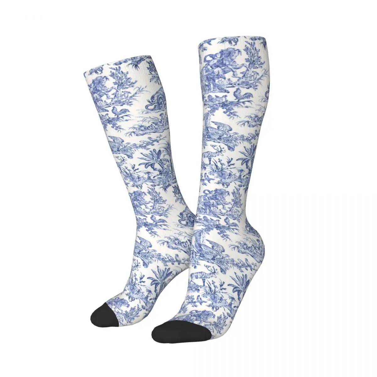 Navy Blue Toile De Jouy Women Athletic Stockings Funny 3D Printing French Countryside Floral Outdoor Sport Thigh Knee High Socks