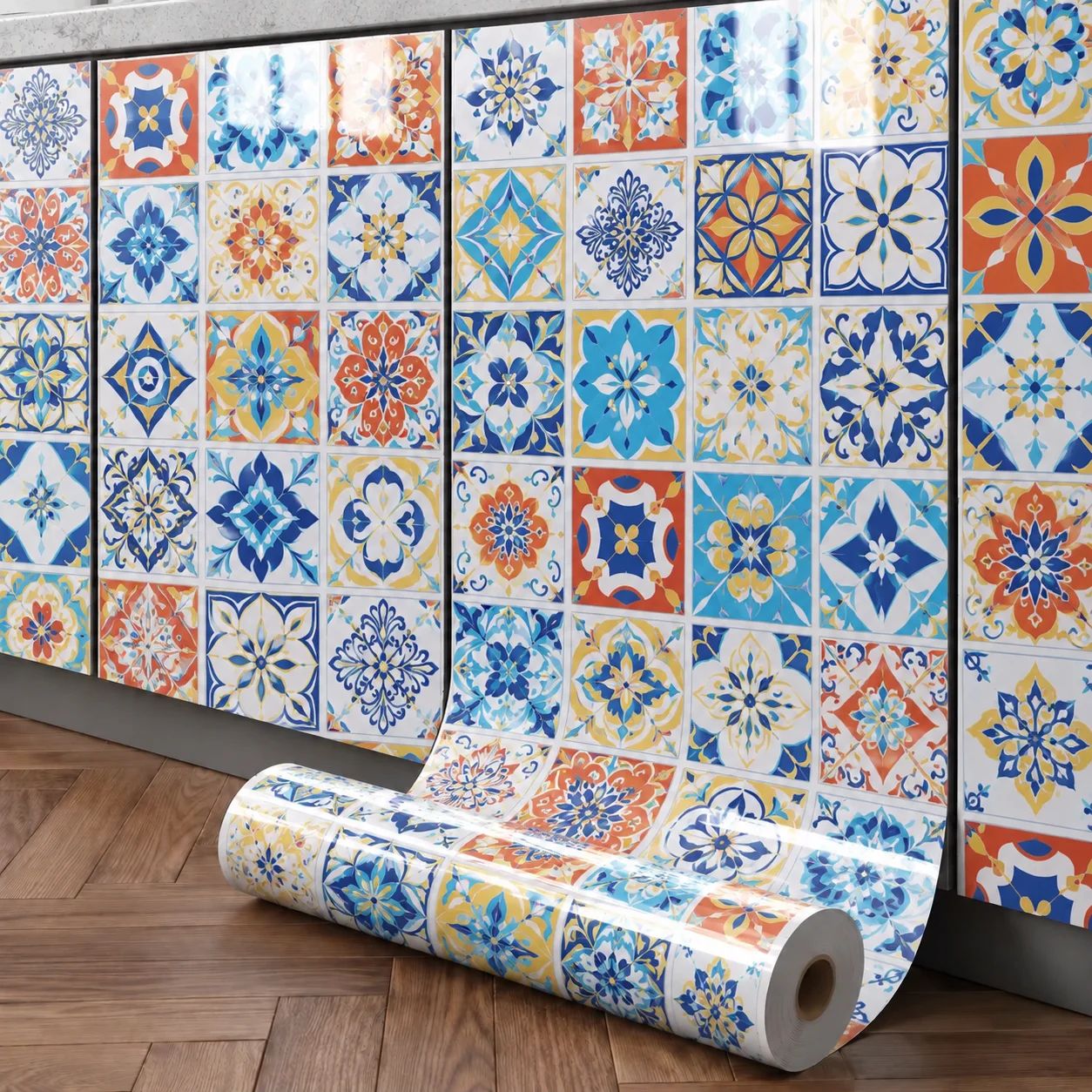 Vintage Tile-Style Kitchen Oil-Proof Sticker Self-Adhesive Waterproof Vinyl Film For Decorating Countertop Cabinet And Wall.