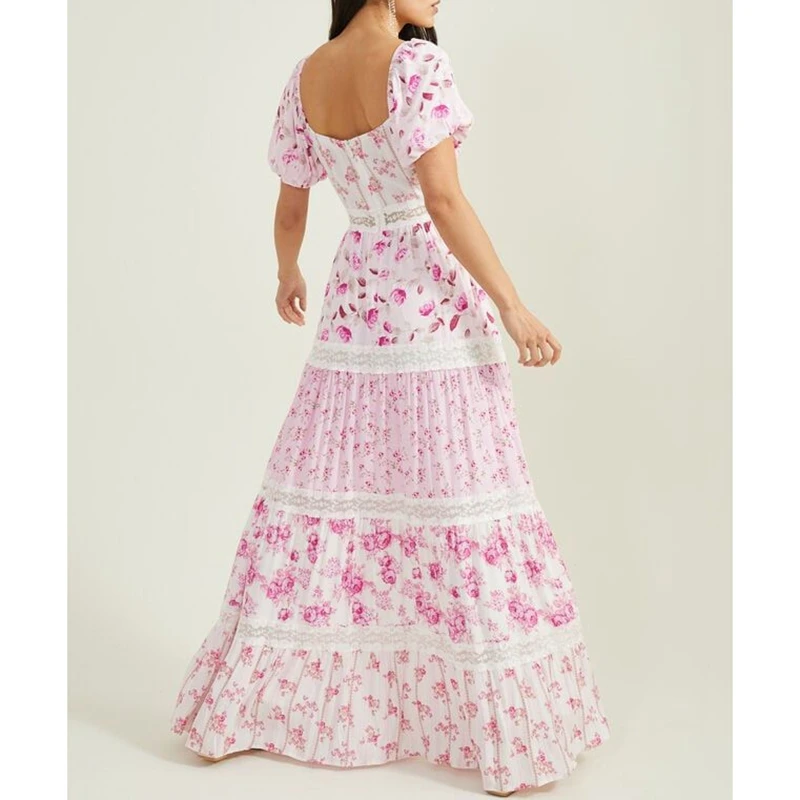 Combhasaki Damen-Sommerkleid, durchsichtig, Spitzenbesatz, V-Ausschnitt, Blumendruck, Kontrastfarbe, Puffärmel, Strandmode, Rüschen, fließendes A-Linien-langes Kleid