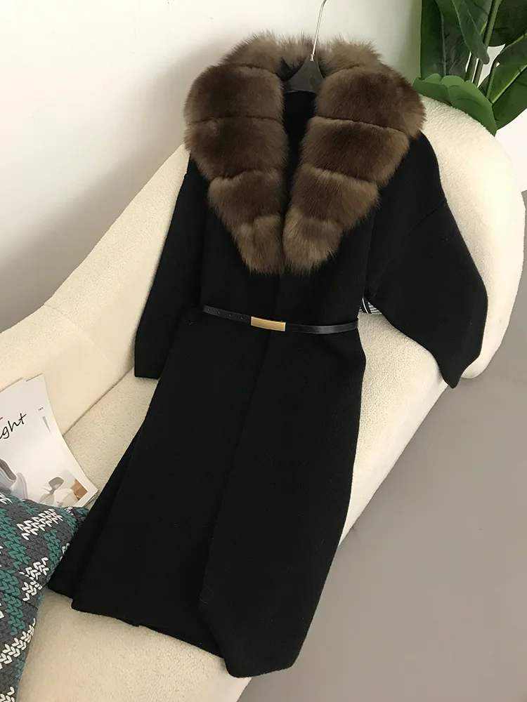 Frauen Natürliche Fuchs Pelz Kragen Gürtel Lange Lose Dicke Warme Oberbekleidung Pullover Stricken 2025, Echt Pelzmantel Winter Jacke