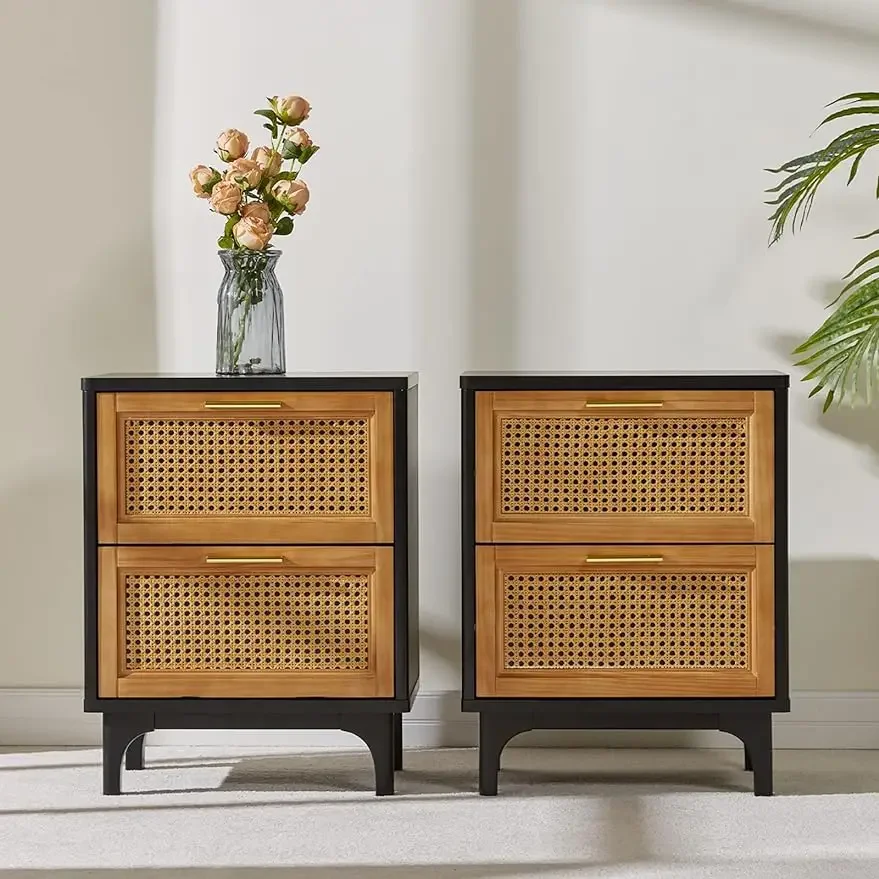Rattan Nightstands Set, Accent Bedside Table with 2 Solid Wood Drawers Storage End Tables, Woven Vintage Side Tables for Bedroom