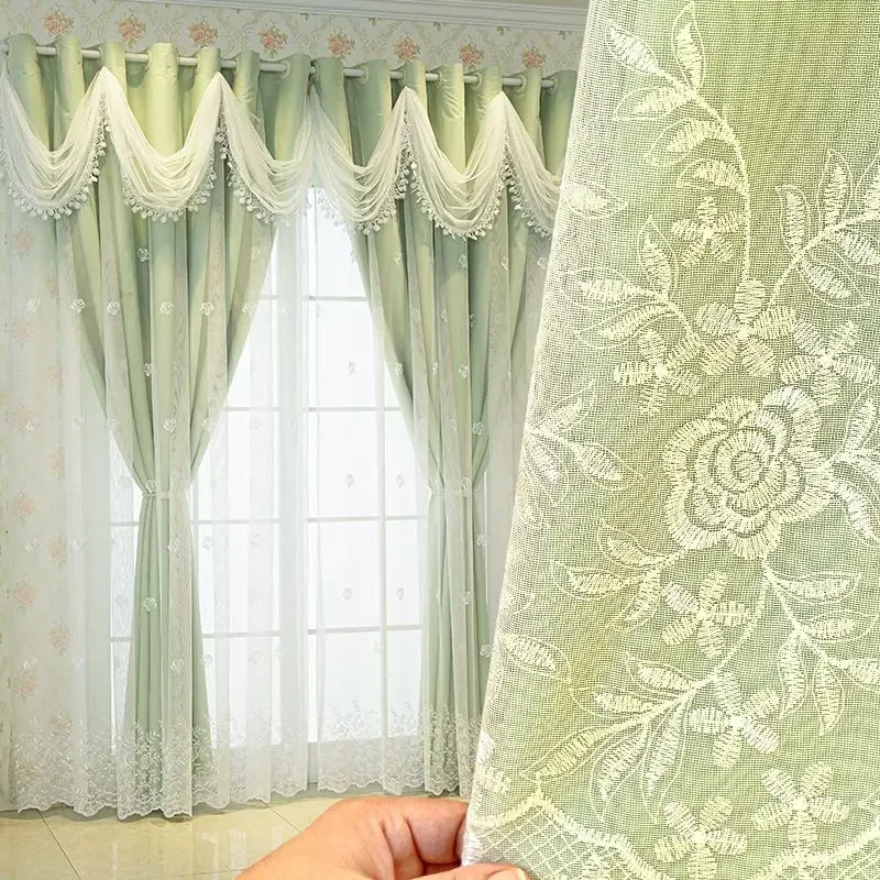 1 Panel Simple Double Layer Curtain for Living Room Luxury Floral Embroidered Curtain with Wavy Valance