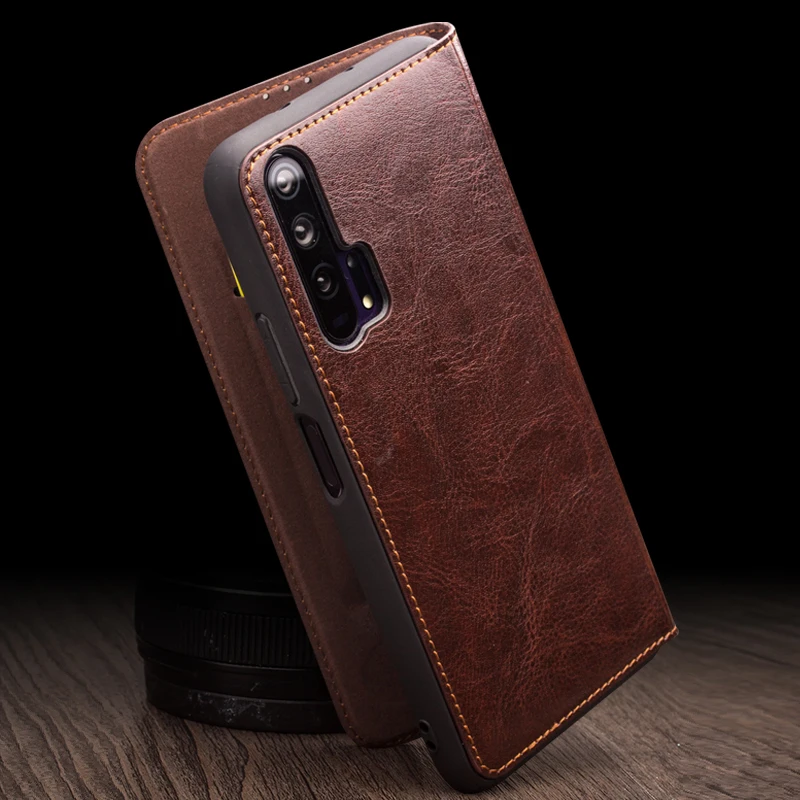 Qialino Brand Genuine Natural Cow Skin Leather Flip Phone Cover For Huawei Honor 20 / Honor20 Pro Cowhide Business Wallet Case