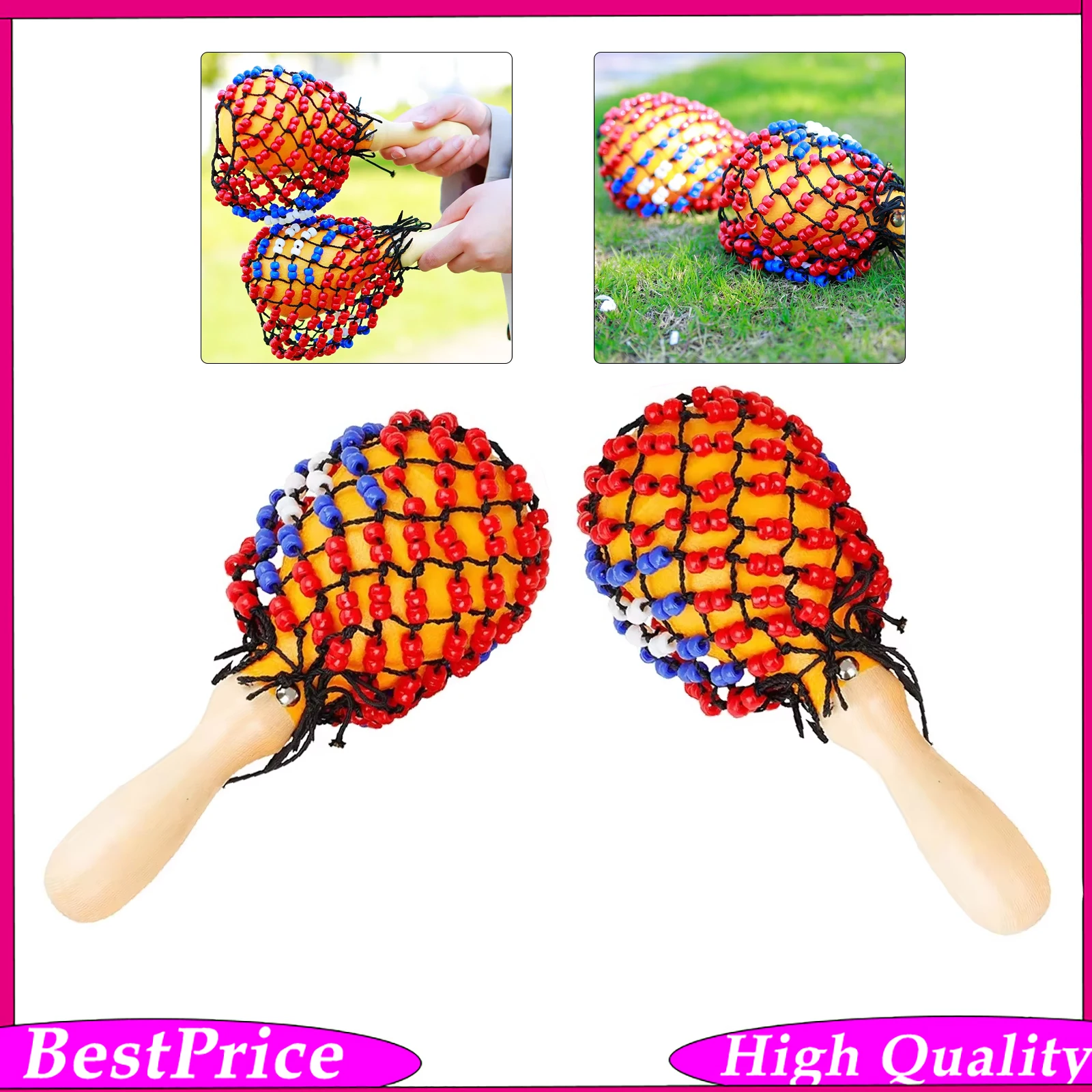 Hand Cranked Sand Hammer Bead Net Bell 2Pcs Drum Musical Shaker for Kids Professional Party Favor Baby Gift