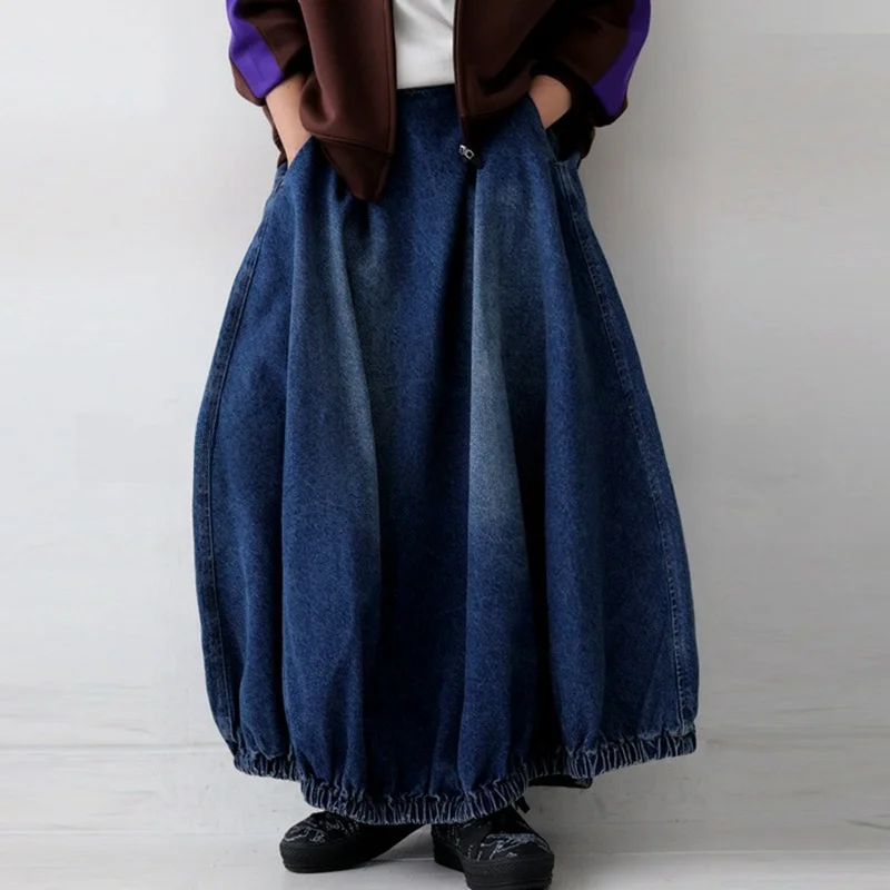 

Ele и милые свободные джинсы, балонная юбка, классическая универсальная длинная широкая юбка трапециевидной формы для четырех сезонов для женщин