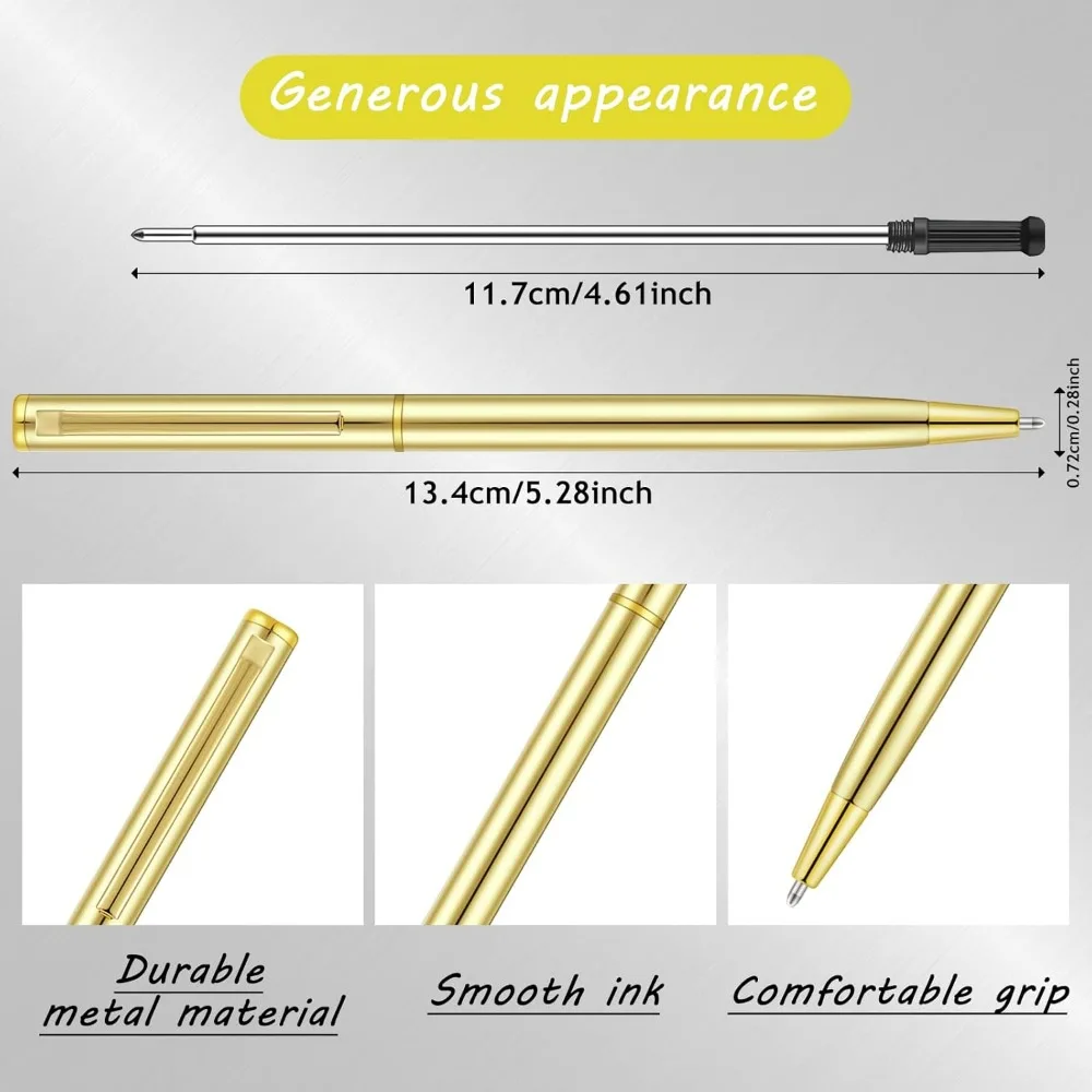 100 Pcs Gold Metal Slim Ballpoint Pens, retractable with black ink (1 mm), smooth writing for office, weddings, and gifts.