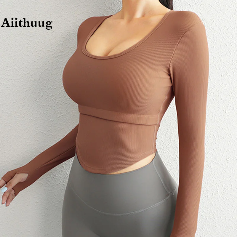 Aiithuug Padded Yoga Shirts Long Sleeve Gym Crop Tops Build In Cup Yoga Crop Tops Workout Top Sexy Waist Gym Shirt Pit Stripes