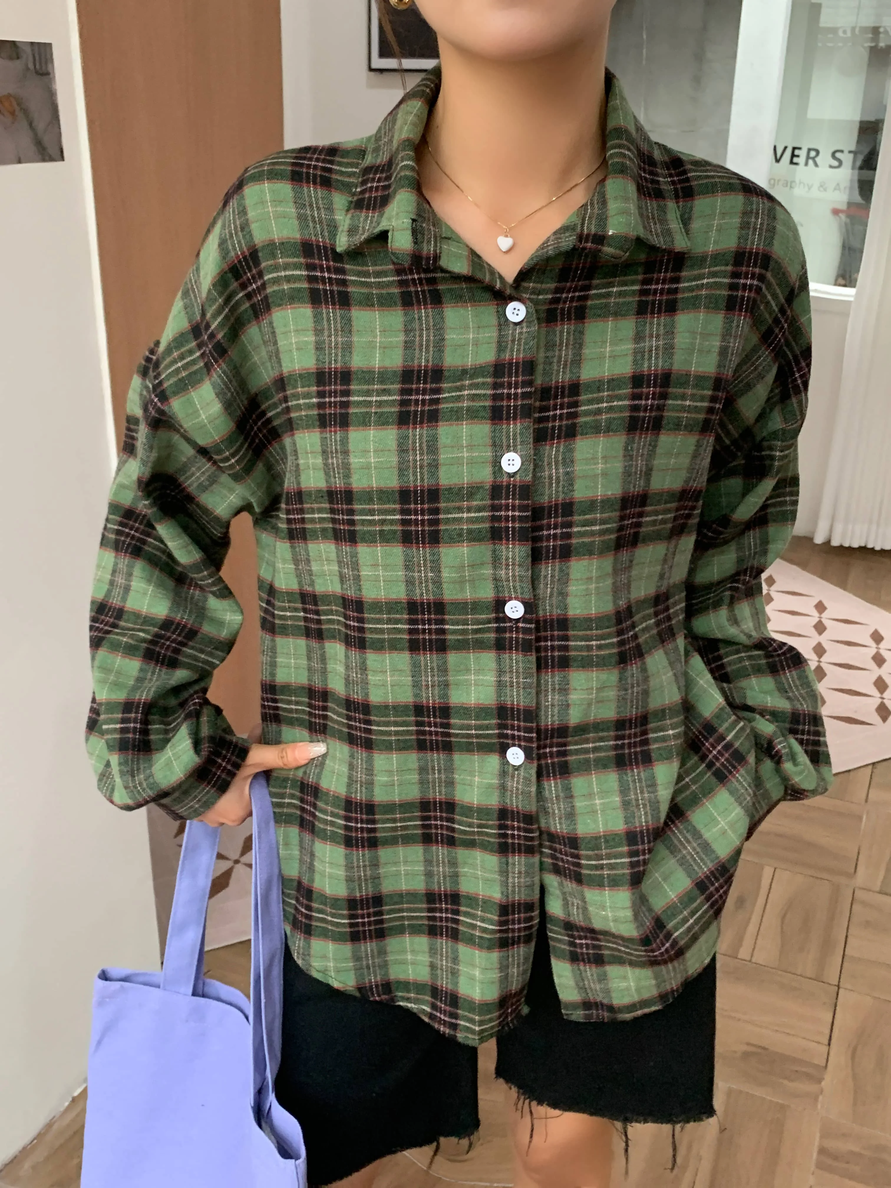 Chemise à carreaux verte pour femmes, col boutonné, surdimensionnée, chemisier, haut pour adolescente, Style petit ami, tenue chemises à carreaux