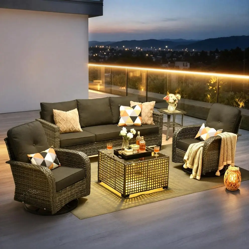 

6-Piece All-Weather Wicker Outdoor Sofa Set with High Back Swivel Rocker Chairs and Light Coffee Table, Black Cushions