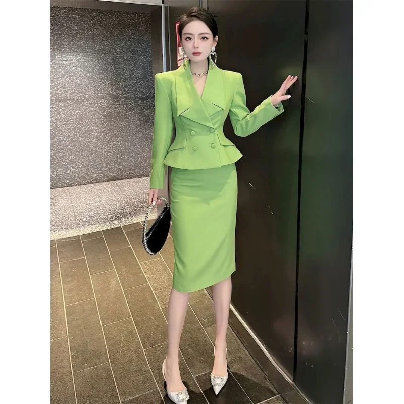 Insozkdg Casual Cutting Fashion Office Suit Double-breasted SLIM Blazer A Line Skirt Women Solid Color Two Piece Set for