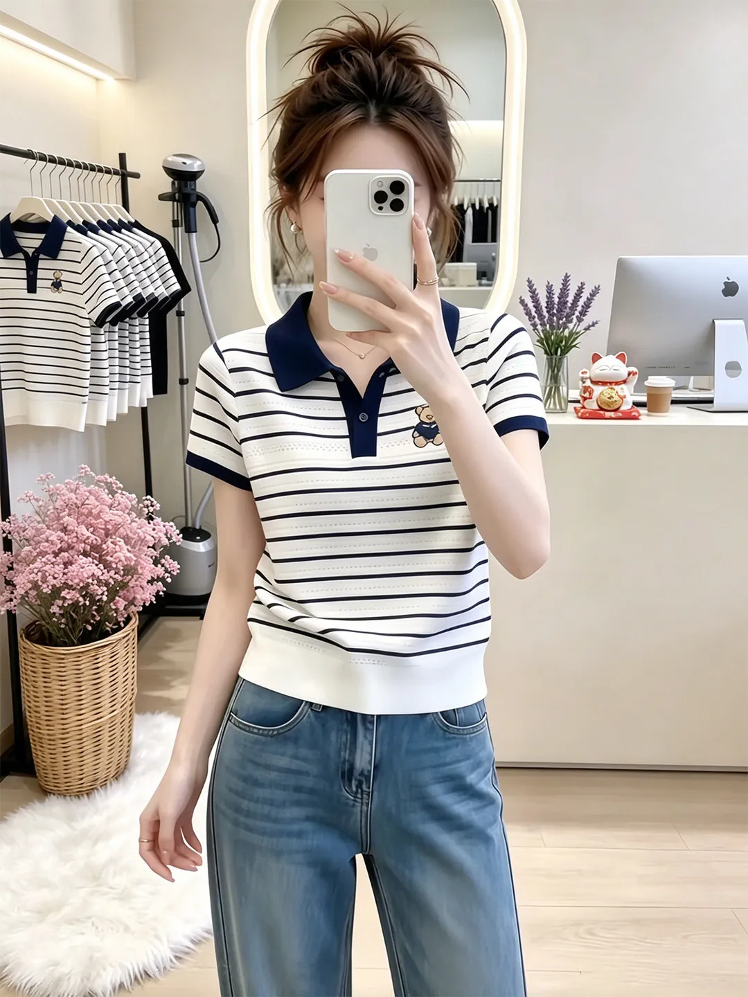 Navy Striped Bear  Neck T-Shirt Women's Summer Short Sleeve Bright Artistic Casual Wear for Various Occasions