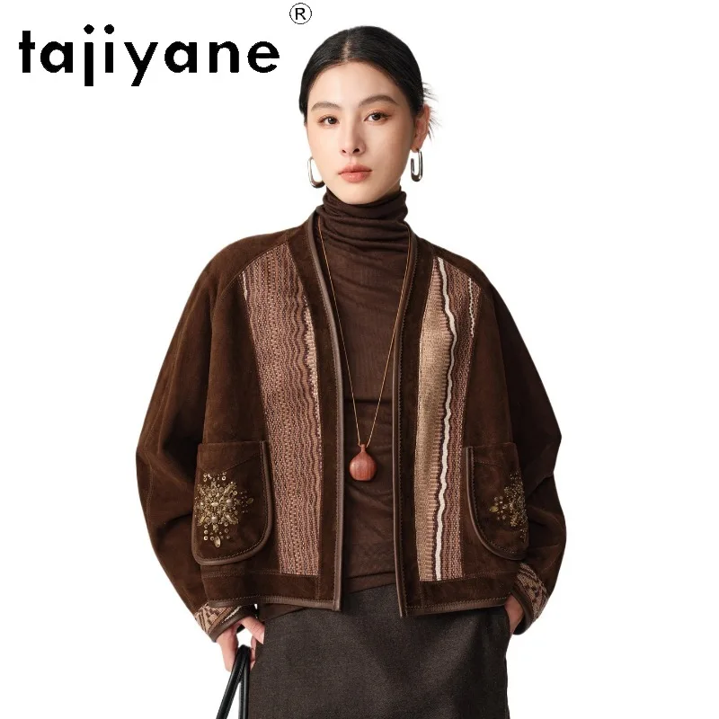 TAJIYANE Genuine Leather Jacket Woman Short Sheepskin Suede Leather Coats Vintage Jackets for Woman V-neck Outerwear Loose 가죽자켓