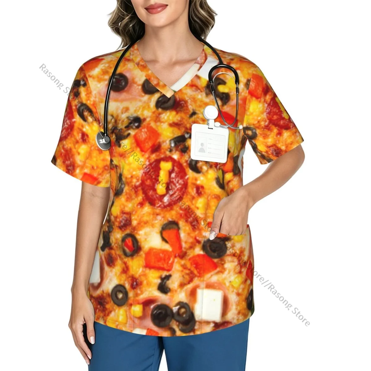 Women's Medical Scrub Top V Neck Short Sleeve Pizza With Broccoli And Feta Cheese Stretch Nursing Uniform for Hospital Clinic