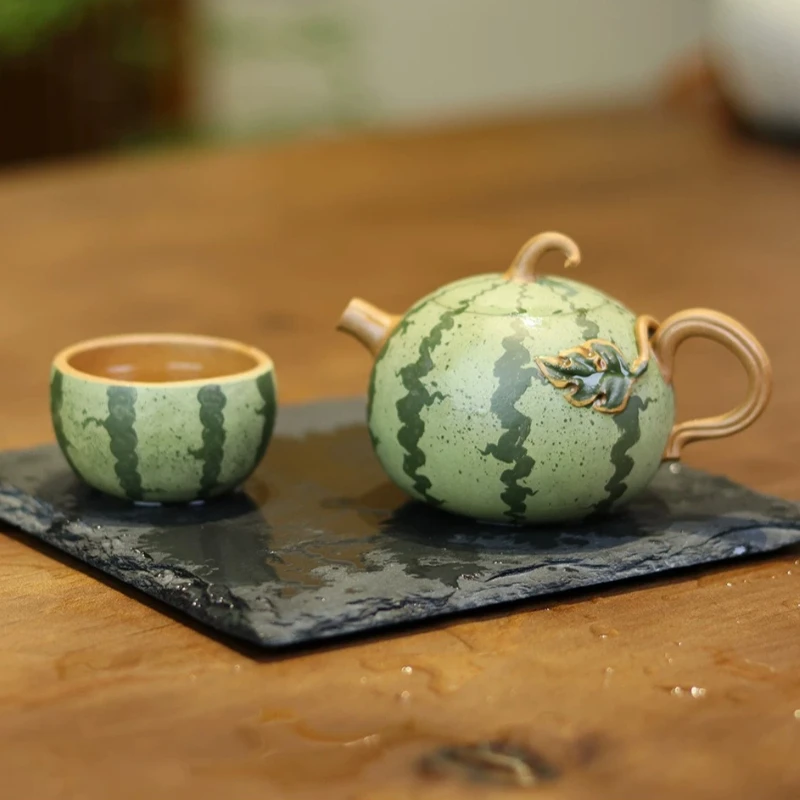 Chinese Style Handmade Purple Clay Watermelon Shaped Teapot Set 150ml 240ml Creative Home Decor Auspicious Gift For Tea Lovers