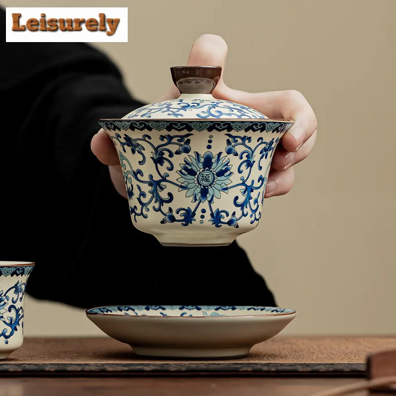 Chinese Ru Kiln Blue And White Ceramic Tea Set Exquisite Tea Infusers Klit Kung Fu Tea Cup Portable Teapot Gaiwan Tea Cups Gifts