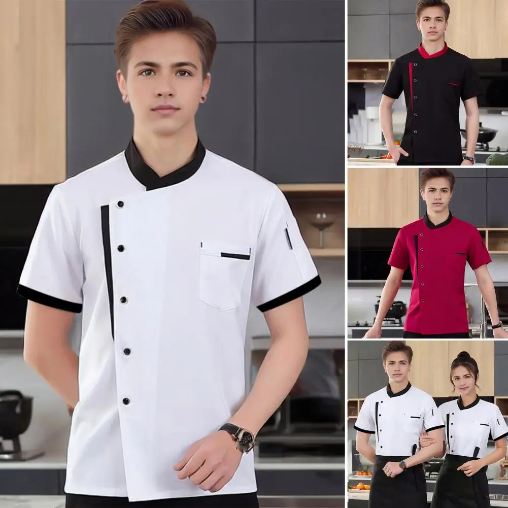 Unisex Chef-Shirt Opstaande Kraag Single-Breasted Korte Mouwen Restaurant Diner Keuken Kok Top Bakkerij Hotel Ober Uniform