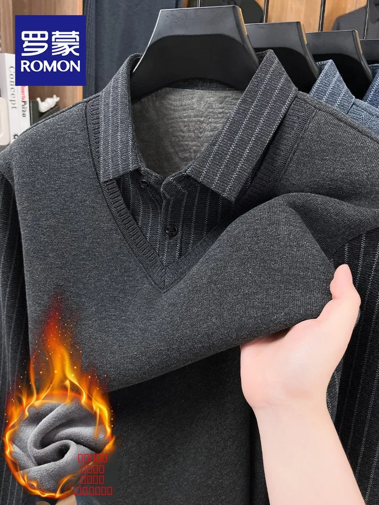 

Lnd Men's Knitted Sweater Autumn Winter New Sle Striped Faux Two-Piece Turn-down Collar Base irt Fce Lined Thiene...