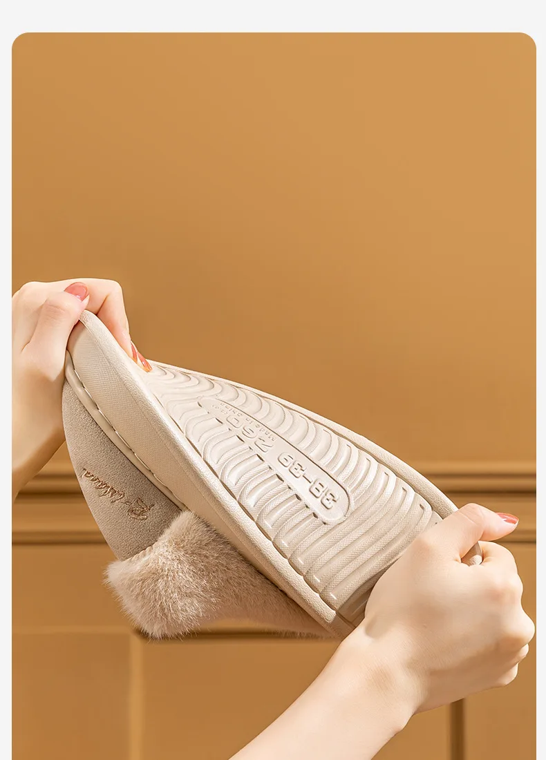 Shevalues Winter-Hausschuhe mit Plüschfutter für Damen, dicke Sohle, rutschfest, für den Innenbereich, bequeme Hausschuhe mit Fellbesatz. – Detail 23