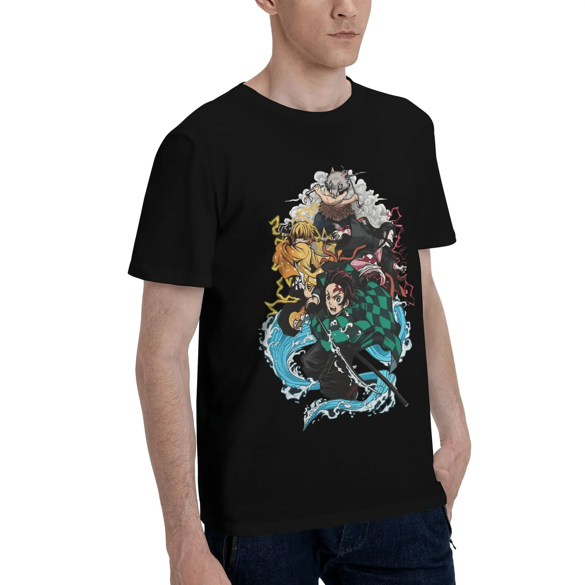 Tanjiro kamado whit team  Funny Graphic 100% Cotton T-Shirt Bandai Demon Slayer Tees Tops For Men