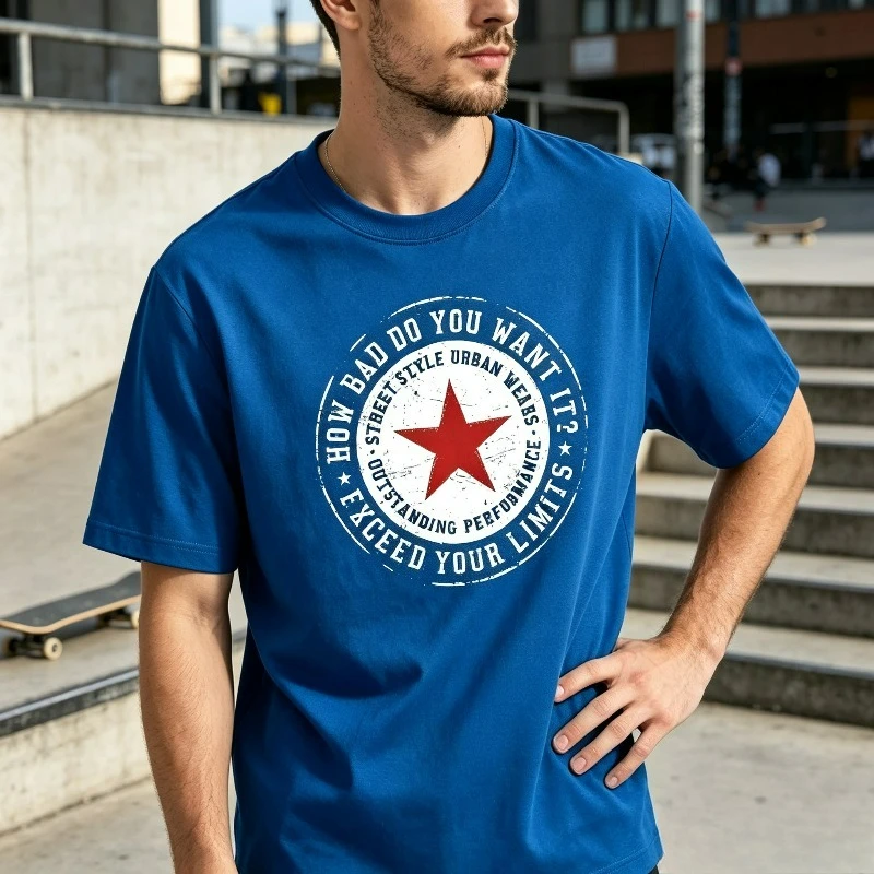 Red Star Circle Slogan Print Men T-Shirt 100% Cotton Short Sleeve Vintage Distressed Graphic Tee For Street Casual Daily Wear