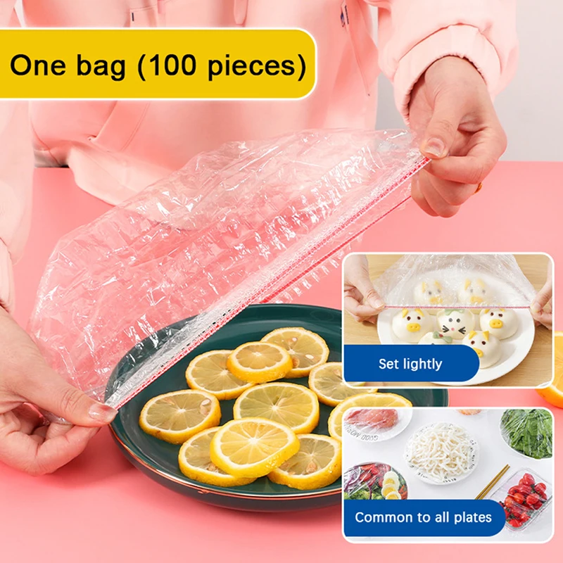 Cubierta desechable colorida para alimentos, envoltura de plástico elástica, PE de grado alimenticio, bolsa de película de mantenimiento fresco, cubierta de tazón desechable engrosada, 100 piezas