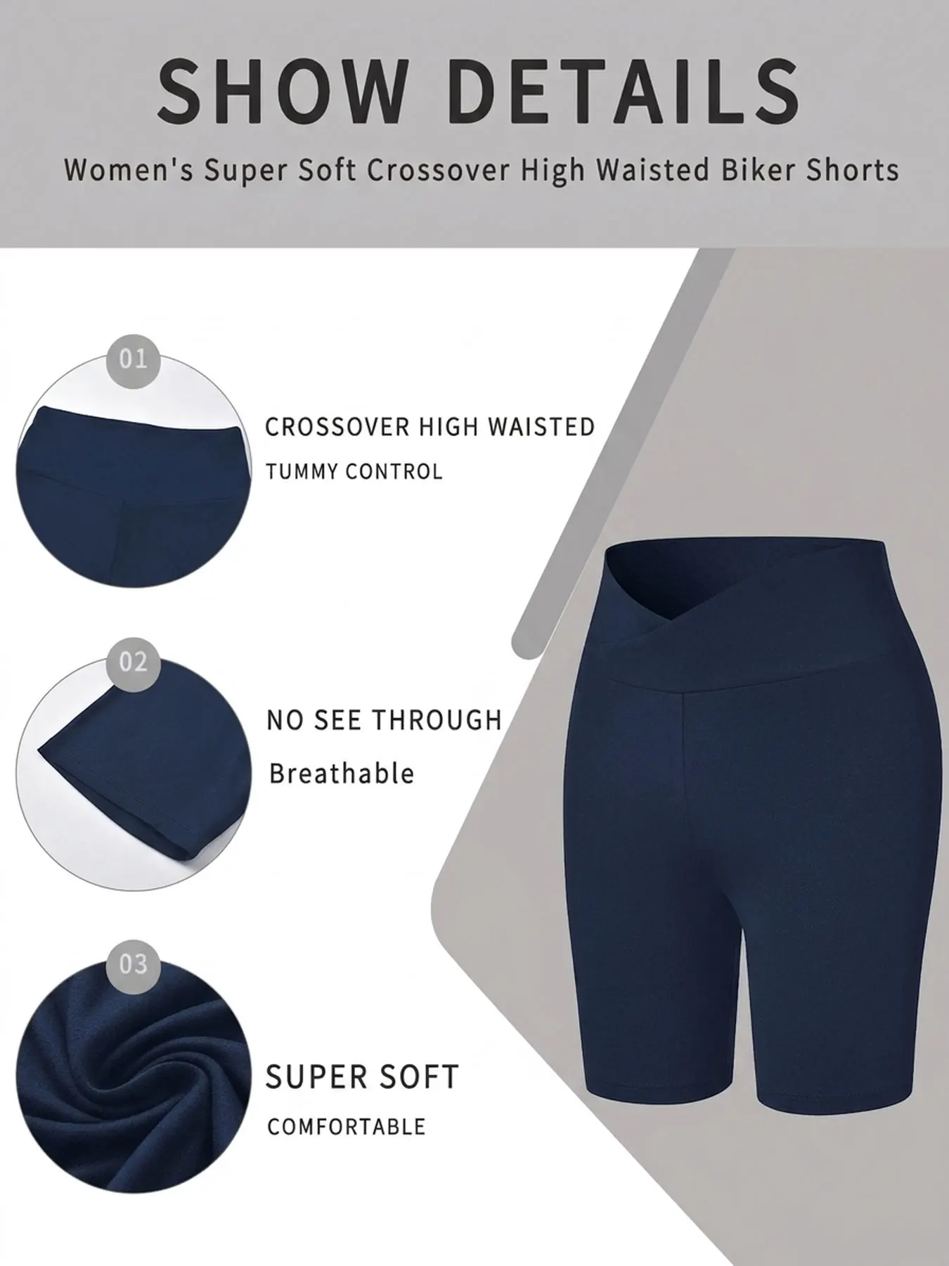 Damen Superweiche Crossover High-Waist Biker-Shorts mit Bauchkontrolle, Blickdicht, für Workout, Yoga und Laufen – Detail 4