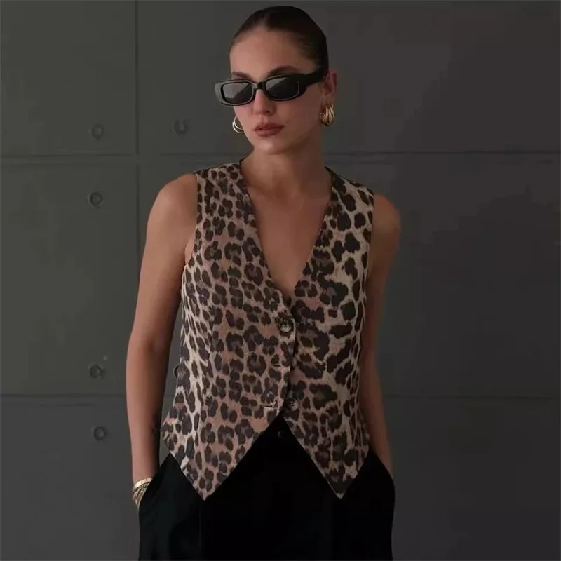 

New Women's Vest Fashion Cardigan Loose Women's Fashion Collar Vest Coat Joker Temperament Casual Leopard Sleeveless Vest Coat