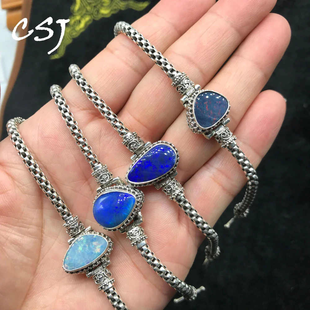 

CSJ 100% Natural Australia Opal Bracelet Sterling 925 Silver Handmade Jewelry for Women Party Birthday Trendy Gift